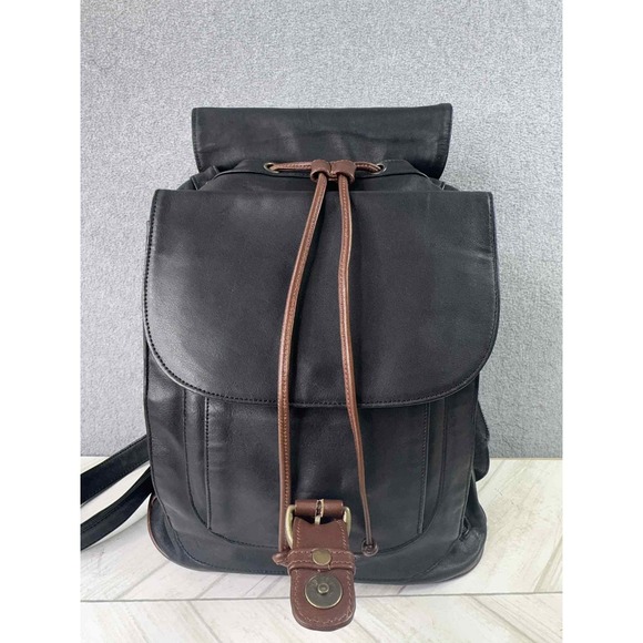 BREE Germany Leather Backpack Purse Black Brown Two Tone Drawstring Flap Bag VTG main image 15